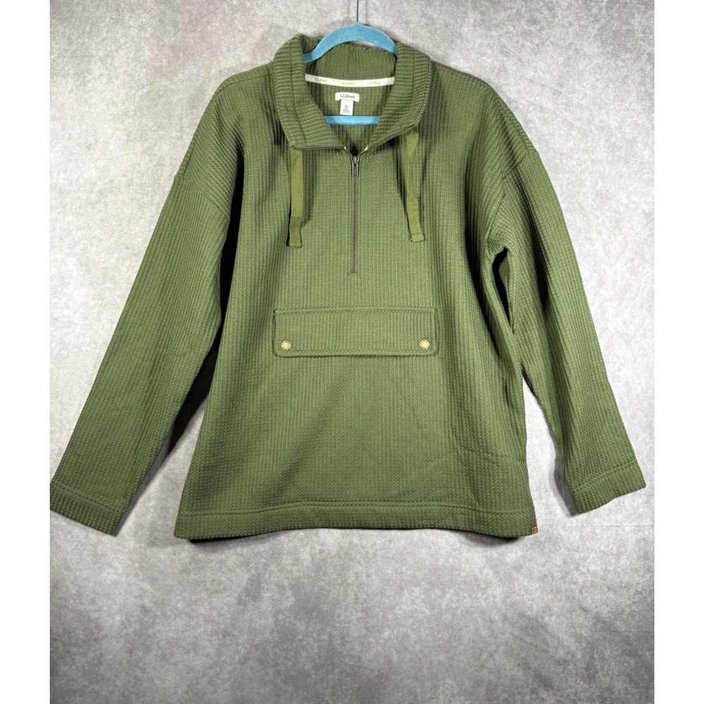 L.L.Bean Pullover Women XL Green Waffle Knit Quarter Zip Pocket Long Sleeve